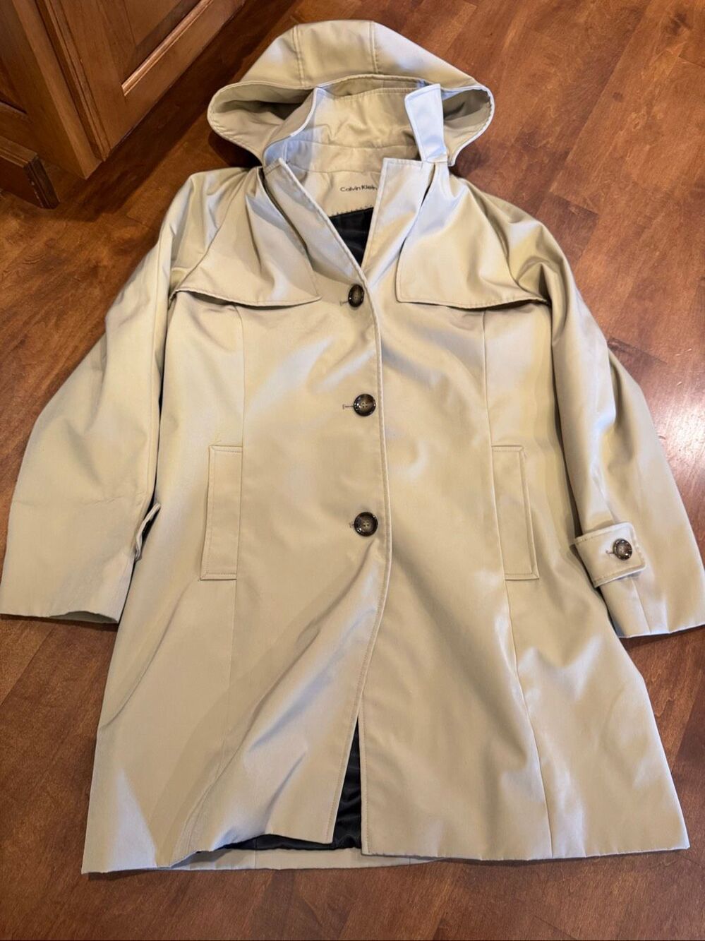 Calvin Klein Women’s Approx Large Beige Hooded Trench Rain Coat Jacket Lined